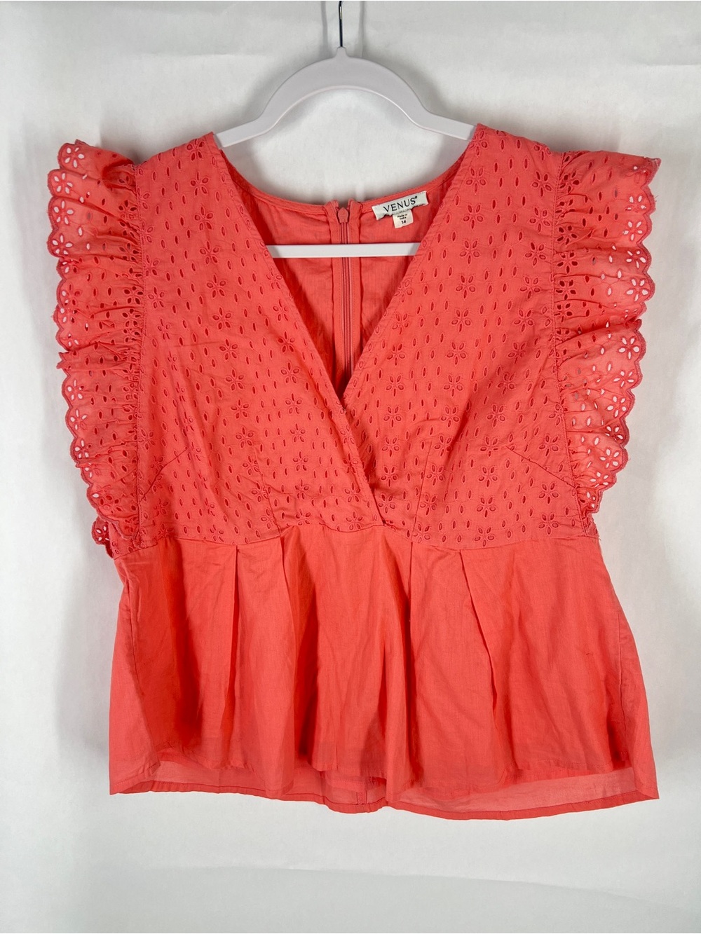 VENUS Coral Eyelet Ruffle Sleeve Peplum Top Size 14 NWT